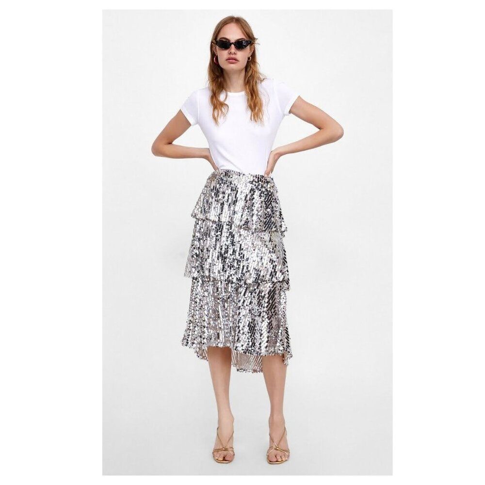 ZARA High Waisted Silver Sequin Ruffle Skirt - Picture 1 of 11
